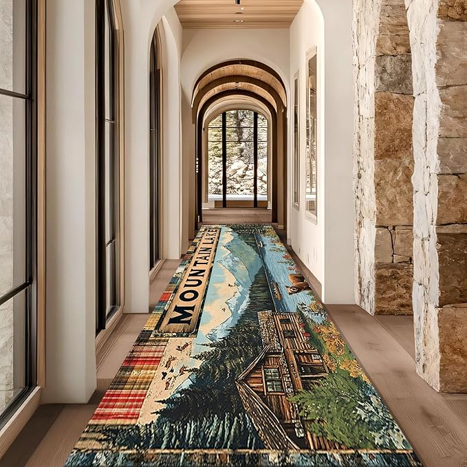 Colorful Oil Painting Bear Rug 4x12ft with Mountain Cabin - Bohemian Non-Slip Rug for Living Room, Washable Foldable Carpet, Forest River Landscape Decor