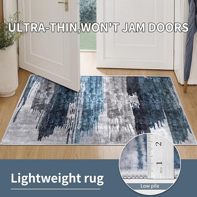 Ciicool 2x12 Washable Runner Rug, Modern Abstract Hallway Rugs Runner, Non-Slip Thin Accent Rug Lightweight Navy Grey Print Distressed Carpet for Laundry Entryway Bedroom Kitchen Indoor