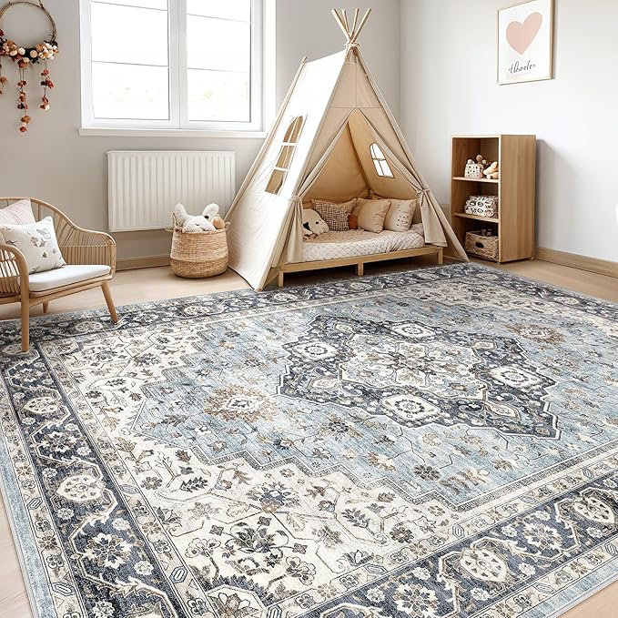 7x9 Area Rug Living Room: Washable Boho Large Neutral Vintage Soft Rugs Stain Resistant Farmhouse Non-Slip Indoor Floor Carpet for Bedroom Nursery Kids Playroom Office Dining Room- Blue Tan