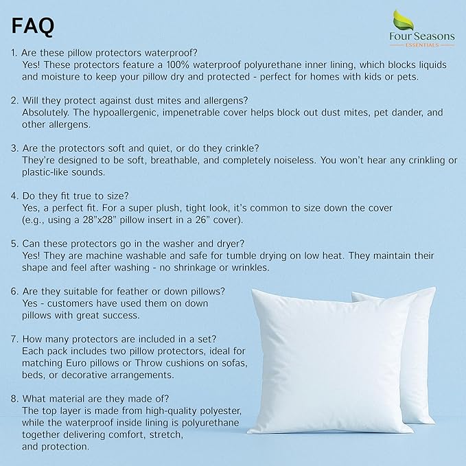 Euro Size Pillow Protectors (Set of 2) - European Square 24x24 Pillow Covers Waterproof Hypoallergenic Dust Proof Zippered Encasement