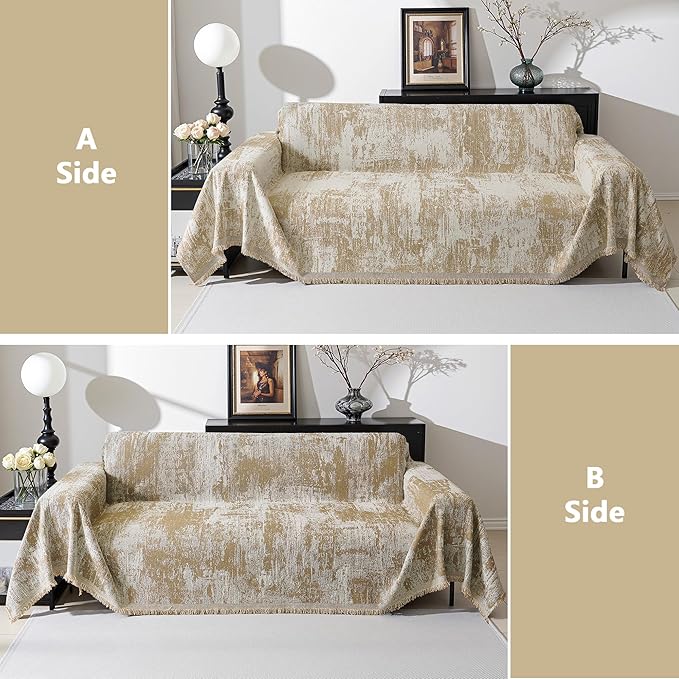 MEETSKY Boho Couch Cover for 2 Cushion Couch Sofa, Chenille Sofa Cover for Sectional Sofa, Modern Khaki Abstract Jacquard Sofa Covers Washable Sofa Slipcover for Pets Friendly, 91" X118", Khaki