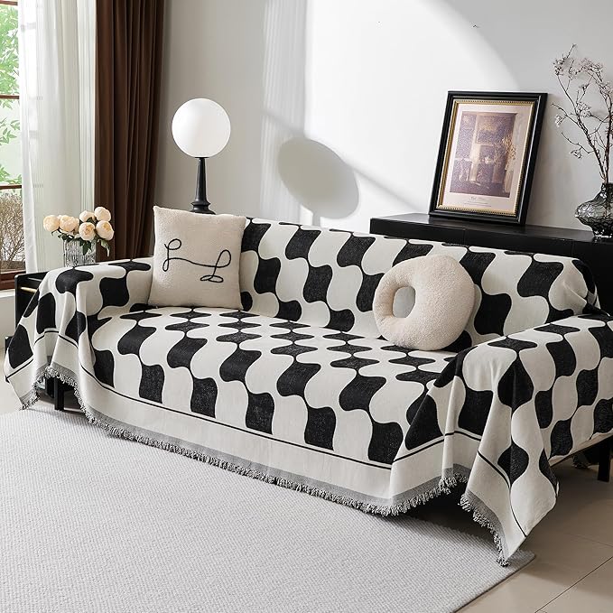 MEETSKY Couch Cover Sofa Cover Washable,Chenille Jacquard Sofa Covers for 2 Cushion Couch Sofa, Sofa Slipcover Loveseat Pet Couch Covers for Sectional Sofa, 71" x 118", Black Checkerboard