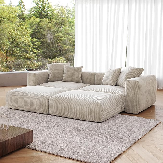 JACH Corduroy Sectional Couches for Living Room, Modular Sectional Couch with Chaise Ottomans, Cushion Covers Removable, Modern Sofa Bed for Living Room, Apartment, Office (Beige)