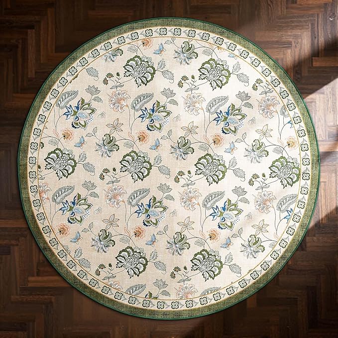 jinchan Elora 7ft Floral Round Rug for Washable Living Room Rug Vintage Romance Christmas Design Non Slip Indoor Floor Cover Lightweight Low-Profile Throw Carpet for Porch Patio, Green/Beige