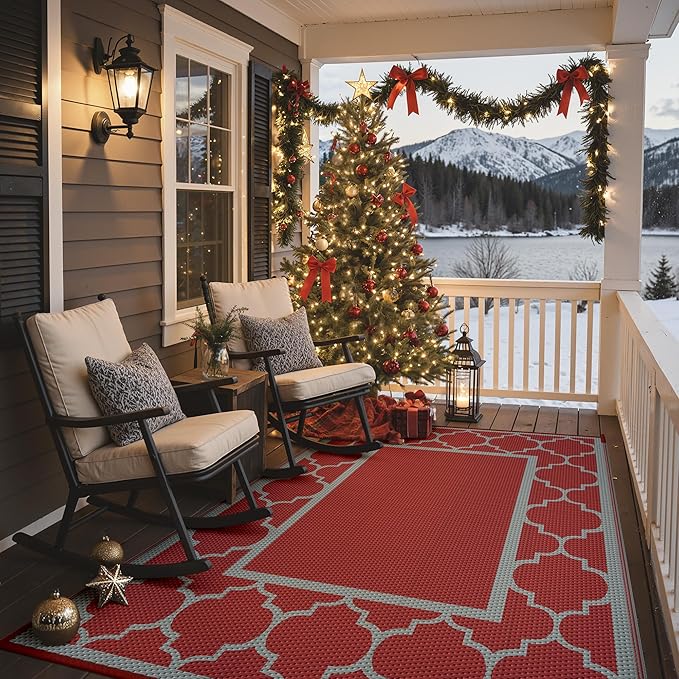 GENIMO 6' x 9' Outdoor Rug Waterproof for Patio Christmas Decor, Foldable Reversible Plastic Straw Area Rugs Mat for Camper, Outside Carpet for Rv, Deck, Porch, Picnic, Beach, Balcony, Red & Grey