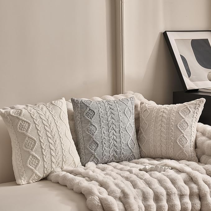 DOKOT Knit Throw Pillow Cover Decorative Cable Braid and Diamond Knitting Square Warm Cushion Cover (Beige, (18x18 inches(45x45cm))