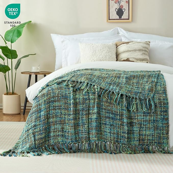 Multi-Color Green Cable Knitted Throw Blanket for Couch,50"X60" Boho Style Textured Blankets for Home Decor,Super Soft Warm Cozy Chunky Knit Blanket with Decorative Tassels for Bed and Sofa