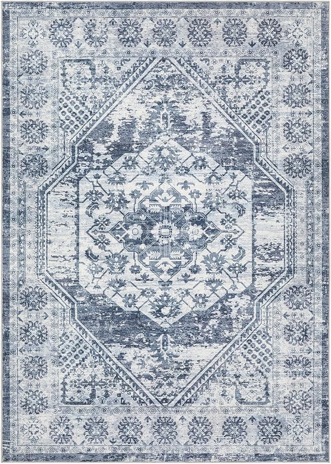 Vintage Living Room Area Rug 9x12 - Large Soft Washable Oriental Traditional Distressed Farmhouse Rugs for Bedroom - Indoor Floor Accent Carpet for Home Office House Decor - Distressed Blue