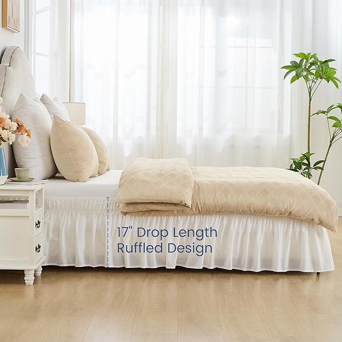 BISELINA Wrap Around Bed Skirts 17" Drop, Cotton Adjustable Elastic Dust Ruffles Easy Fit Wrinkle & Fade Resistant Soft Cozy Elegant Luxurious Bedding - White, King Size
