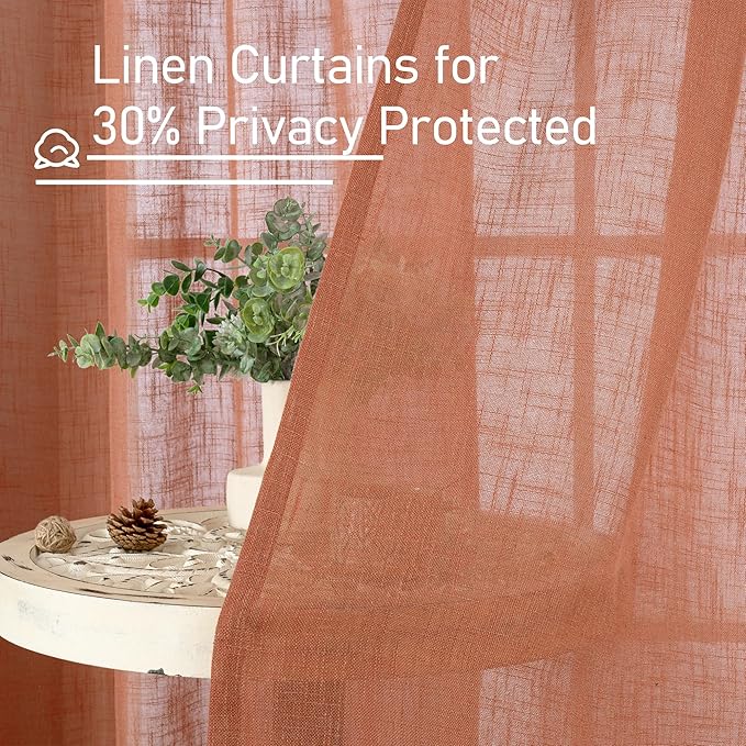 LAMIT Terracotta Linen Curtains 90 Inch for Living Room, Fall Western Decor Panels, Back Tab and Rod Pocket Boho Burnt Orange Rustic Drapes for Bedroom, Set of 2, 52 x 90 Inch