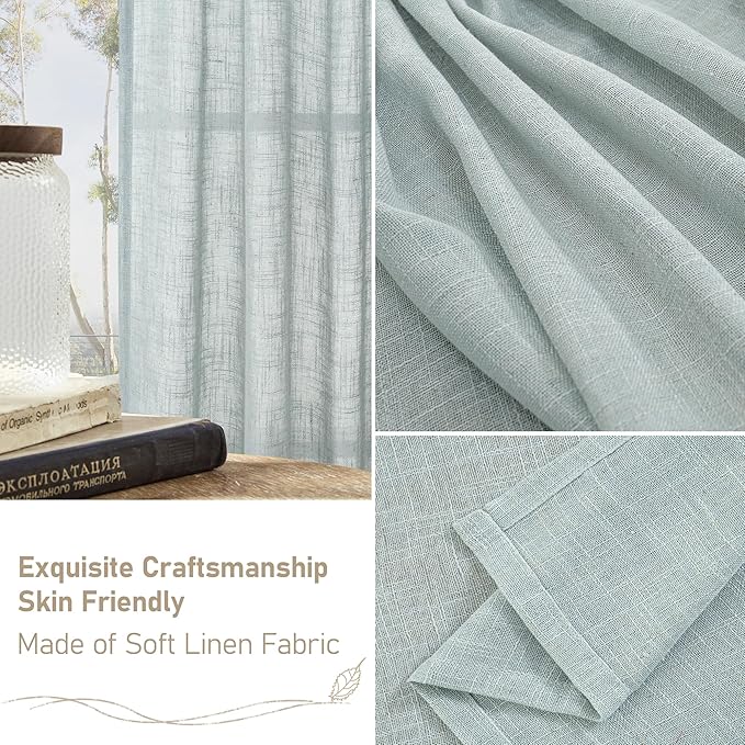 LAMIT Greyish Blue Linen Curtains 63 Inches Long, Semi Sheer Light Filtering Panels Back Tab and Rod Pocket Small Cafe Drapes for Basement/Window/Loft Room, 2 Panels, 34 x 63 Inch