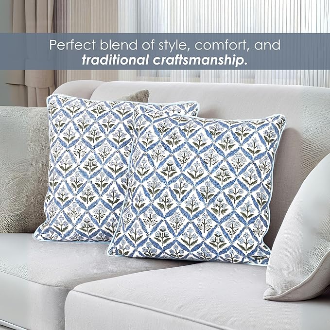 SheetKart Block Print Pillow Cover - Cotton Throw Pillow Covers for Boho Decorative Couch, Living Room, Bohemian Theme Gifts, Floral Blue - 18 x 18 Inches - Set of 2