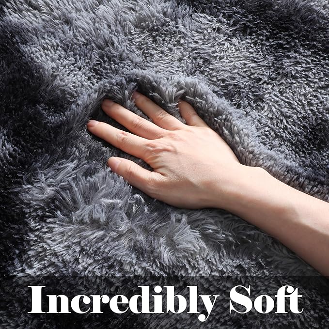 ONASAR 8x10 Area Rugs for Living Room, Tie-Dyed Dark Grey Fluffy Shag Large Bedroom Rug, Black Gray Washable Soft Plush Thick Floor Big Indoor Carpet for Nursery Kids Boys Girls Teen Dorm Home Decor