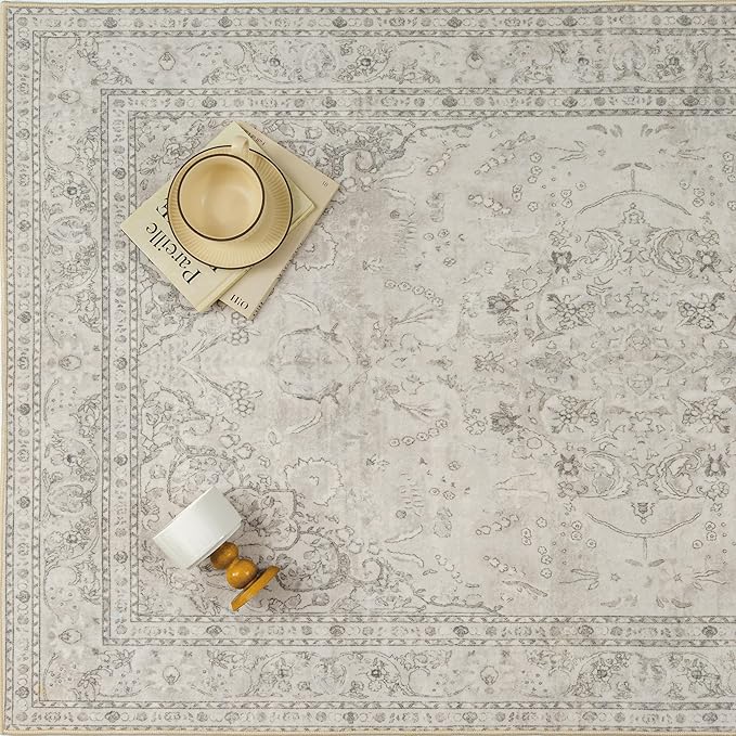 Beige 2x8 Runner Rug Washable Vintage Long Carpet for Hallway Kitchen Soft Retro Floral Low Pile Indoor Runner Non Slip Central Medallion Throw Rug for Bathroom Bedroom Laundry Dining Room