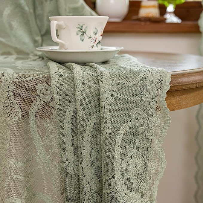 Green Lace French Delicacy Curtains 84 Inches Long -Rod Pocket Luxury Vintage Bow Butterfly Sheer Flower Lace Curtains for Living Room Bedroom，52 x 84 Inch, 2 Panels