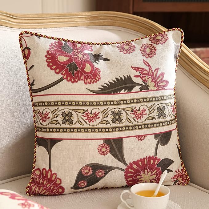 patdrea Designer Throw Pillow Covers,Vintage Red Pillowcases with Leaves and Flower Pattern Pillows Cover for Couch,Linen Decorative Square Cushion for Bed Living Room Outdoor Car,18X18 Inches