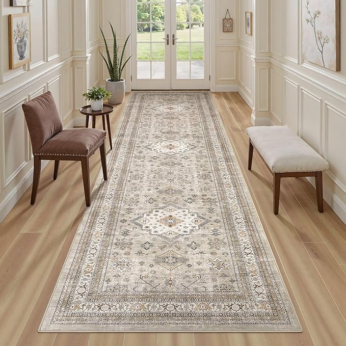 Vintage Hallway Runner Rug 3x10: Large Soft Washable Entryway for Kitchen Laundry Room Non-Slip Backing Runner for Entrance Living Room Bedroom Bathroom - Beige