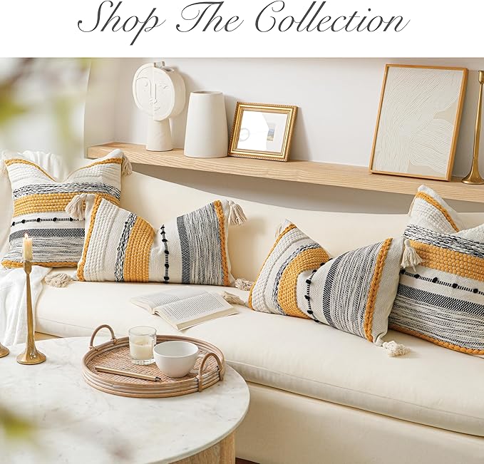 BlissBlush Fall Yellow Mustard Decorative Throw Pillow Cover 18x18 Square Boho Accent Pillowcase Tassels Farmhouse Cushion for Couch Sofa Bedroom Living Room Home Décor Cover ONLY