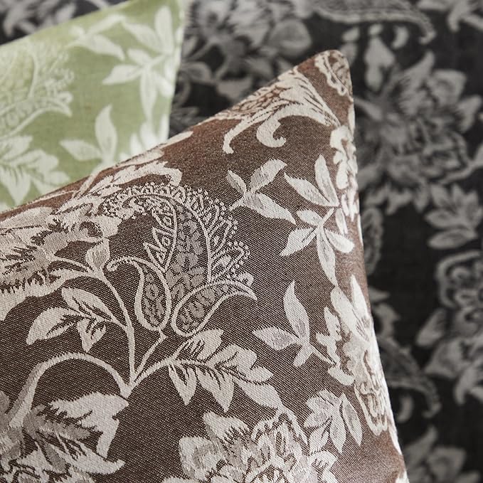 Floral Jacquard Throw Pillow Covers Set of 2, Background/Chocolate 18x18 Inch, Farmhouse Decorative Cotton Dark Brown Cushion Covers for Sofa Bed Living Room Home Decor