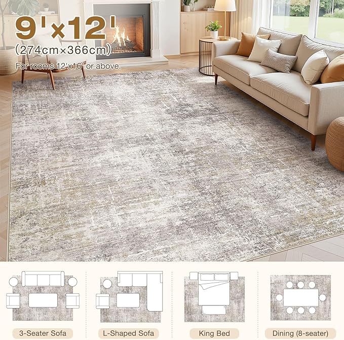 Abstract Living Room Rug 9x12 - Modern Washable Soft Thin Area Rug for Living Room Bedroom Under Dining Table - Neutral Indoor Floor Rug Carpets for Home Office Playroom Nursery - Brown Gold
