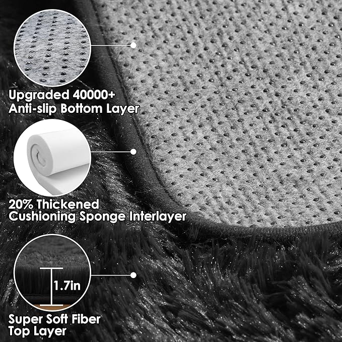 ONASAR Black 8x10 Area Rugs for Living Room, Large Fluffy Shag Bedroom Rug, Washable Ultra Soft Thick Shaggy Floor Big Indoor Carpets for Kids Boys Girls Teen Nursery Dorm Modern Home Decor Aesthetic