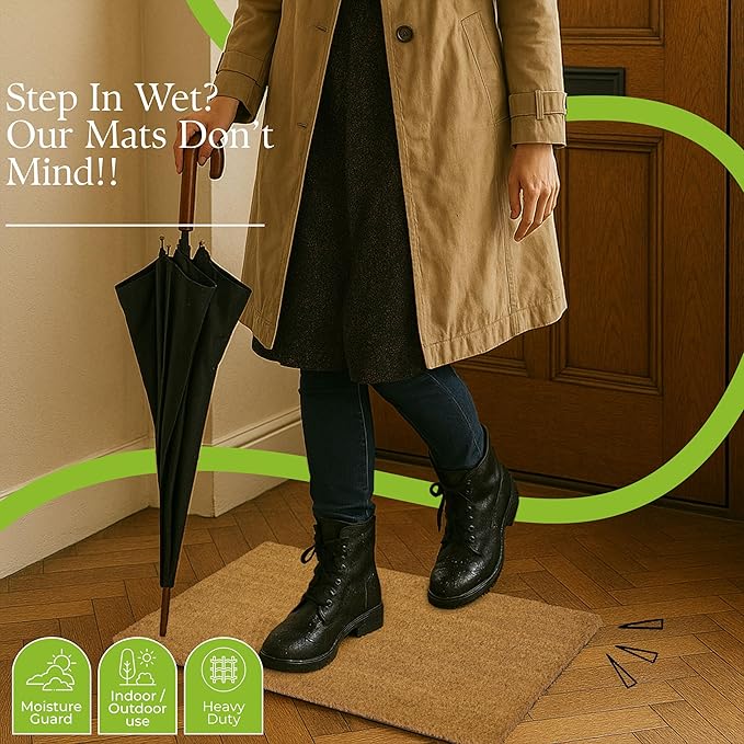 Coir Door Mats 17" X 30", Pack of 2, Non-Slip Sturdy, PVC Backed, Heavy Duty, Easy to Clean, Ideal for Door Entrance, Patio, Porch, Backyard, Garages, Plain Mat
