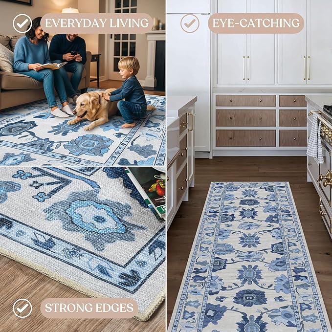 Fame Living Navy Blue Oushak Rug, Modern, Vintage, Turkish, Eclectic, Floral, Pastel, Washable, Area Rugs for Living Room, Dining, Bedroom, Office, Entryway, Foyer, Playroom, Nursery, 5'x6'9"