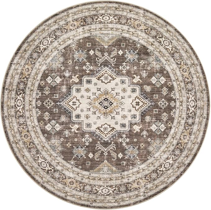 6ft Round Vintage Living Room Area Rug - 6x6 Large Soft Washable Oriental Traditional Distressed Farmhouse Rugs for Bedroom - Indoor Floor Accent Carpet for Home Office House Decor - Dark Brown