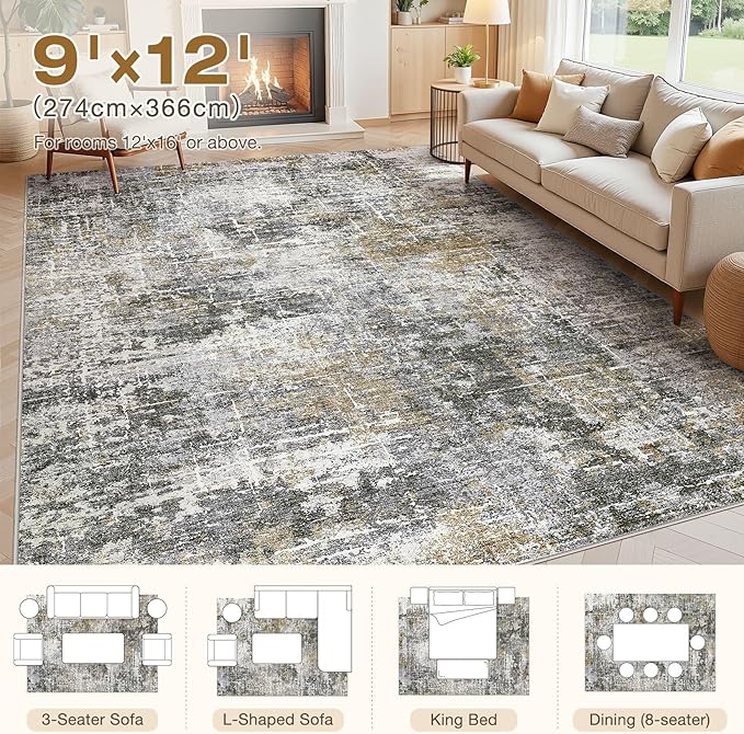Abstract Living Room Rug 9x12 - Modern Washable Soft Thin Area Rug for Living Room Bedroom Under Dining Table - Neutral Indoor Floor Rug Carpets for Home Office Playroom Nursery - Black Gold