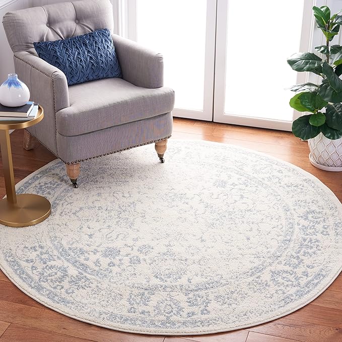 SAFAVIEH Adirondack Collection Area Rug - 8' Round, Ivory & Slate, Distressed Vintage Floral Design, Non-Shedding & Easy to Clean, Ideal for Living Room, Bedroom, Dining Space (ADR109S)