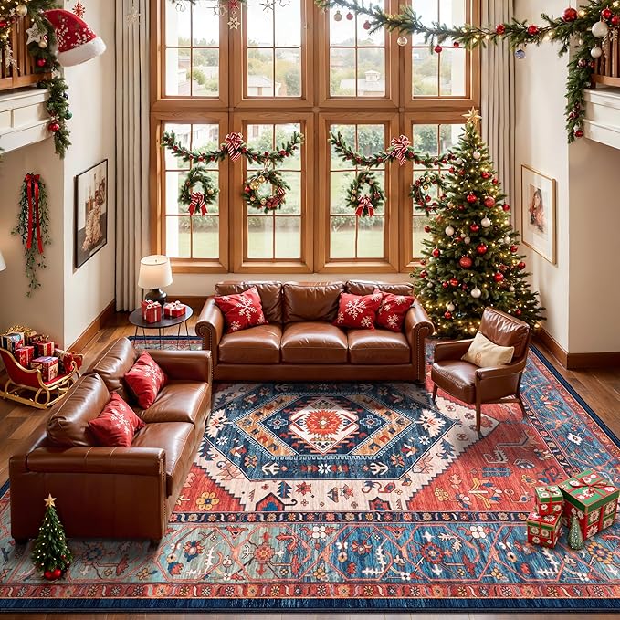 SERISSA 10x14 Area Rugs for Living Room, Large Washable Non-Slip Boho Rug, Ultra Soft Vintage Rust Oriental Tribal Print Distressed Carpet for Dining Room Bedroom Office Home Decor