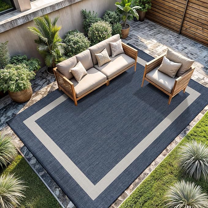 CAMILSON Outdoor Rug 6x9, Modern Outside Rugs for Patios Porches Waterproof Durable Washable Non-Shedding, Easy-to-Clean Indoor Outdoor Area Carpet (6 x 9, Bordered - Blue/White)