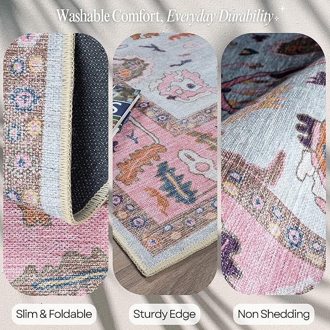 Fame Rugs Pink Beige Modern Oushak Rug 5x7, Washable Vintage Turkish Colorful Oriental Antique Inspired Area Rugs, Luxury Living Room Bedroom (390PP, 5' x 7')