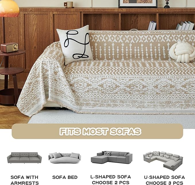 MEETSKY Boho Couch Cover Sofa Slipcover for Sectional Sofa Covers Protector Universal Use Chenille Blend Thick Fabric Washable, Modern Design Sofa Throw Cover for Living Room, 71" x 118", Khaki