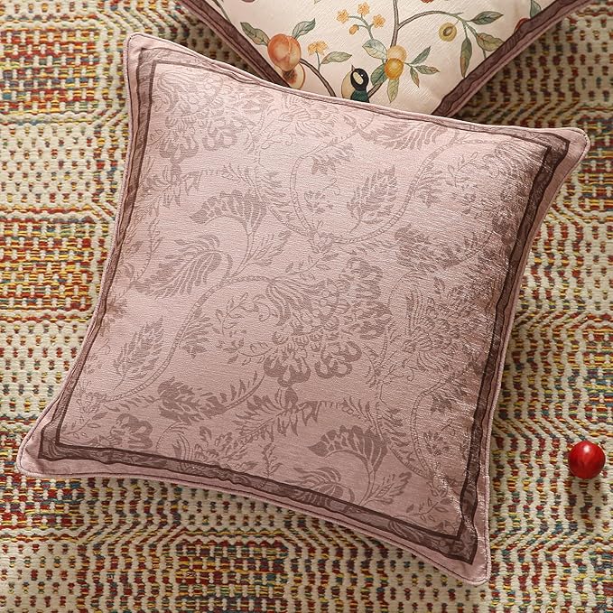 Pink Farmhouse Throw Pillow Covers,Birds and Flowers Pattern Cozy Velvet Pillowcases,Decoration Square Pillows Cushion Covers for Couch Sofa Bed Car Chair,18"x18"