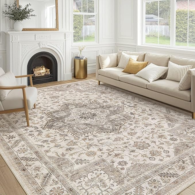 Vintage Living Room Area Rug 10x14 - Large Soft Washable Oriental Traditional Distressed Farmhouse Rugs for Bedroom - Indoor Floor Accent Carpet for Home Office House Decor - Light Brown