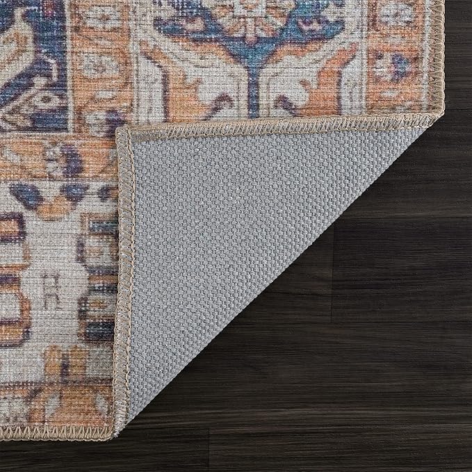 Bloom Rugs Washable 12 ft Runner - Orange / Blue / Beige Traditional Persian Runner for Entryway, Hallway, Bathroom, and Kitchen - Exact Size: 2'5" x 12"