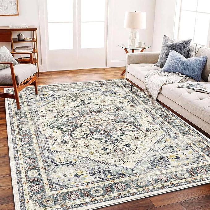 Area Rug 5'x7' Cyan Khaki Washable Vintage Traditional Floor Cover Thin Retro Kitchen Indoor Distressed Non Slip Carpet for Living Room Bedroom Dining Room