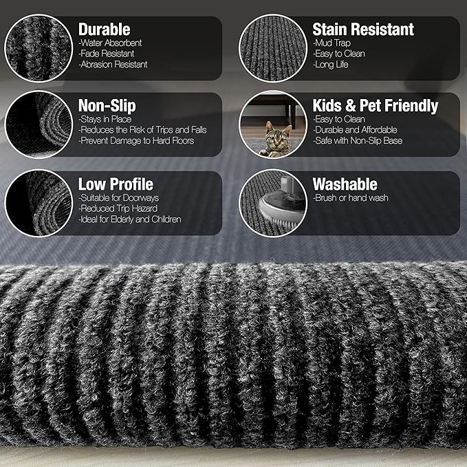 sigun Modern Non-Slip Hallway Runner Rug – Washable, Stain-Resistant & Custom Size – Durable Indoor/Outdoor Carpet for Entryway, Kitchen, Porch, Balcony, Patio & Garage – High-Traffic | Black - 2 x 8