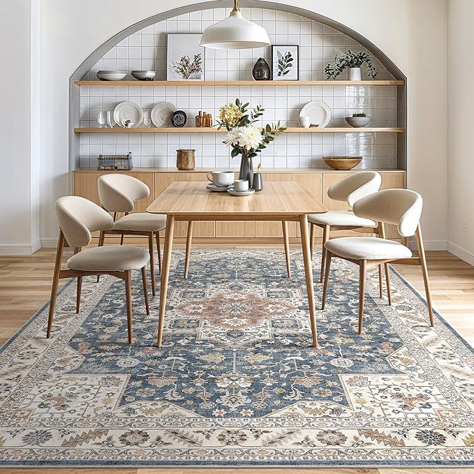 Vintage Living Room Area Rug 10x12 - Large Soft Washable Oriental Traditional Distressed Farmhouse Rugs for Bedroom - Indoor Floor Accent Carpet for Home Office House Decor - Vintage Blue