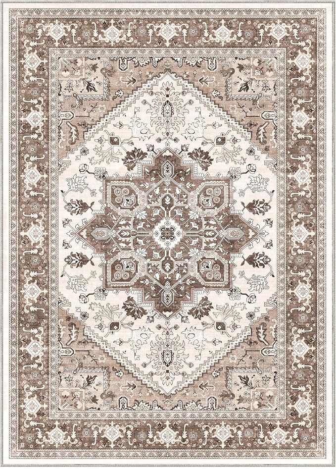OPPODREAM Thin Area Rugs 3x5, Washable Rugs with Non Slip Backing, Low-Pile Throw 3x5 Carpet, Faux Cashmere 3 x 5 Carpet, Khaki