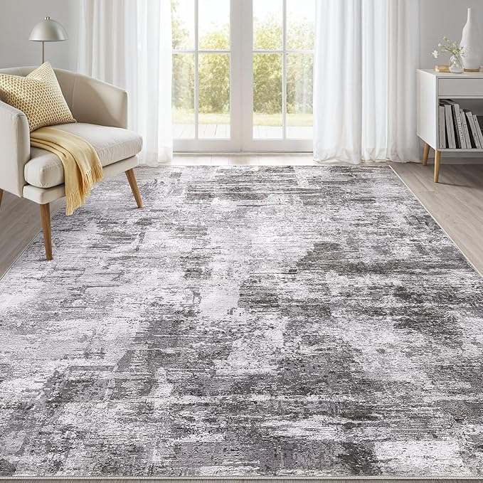 Abstract Living Room Rug 5x7 - Modern Washable Soft Thin Area Rug for Living Room Bedroom Under Dining Table - Neutral Indoor Floor Rug Carpets for Home Office Playroom Nursery - Grey