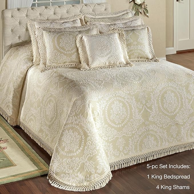 Timeless Vintage Style Bedding with Fringe Edges | Neutral Sage and Ecru | Textured Matelasse Rose Medallions and Leaves | 5 Piece Lightweight Bed Set: Oversized King Bedspread & 4 King Pillow Shams