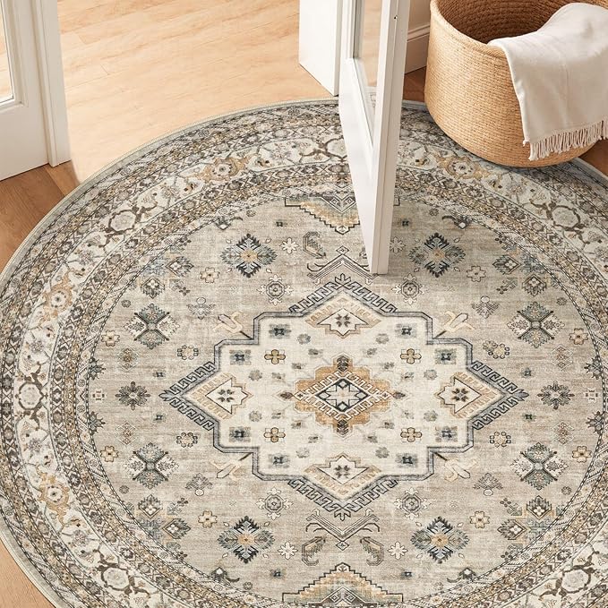 5ft Round Vintage Living Room Area Rug - 5x5 Large Soft Washable Oriental Traditional Distressed Farmhouse Rugs for Bedroom - Indoor Floor Accent Carpet for Home Office House Decor - Beige