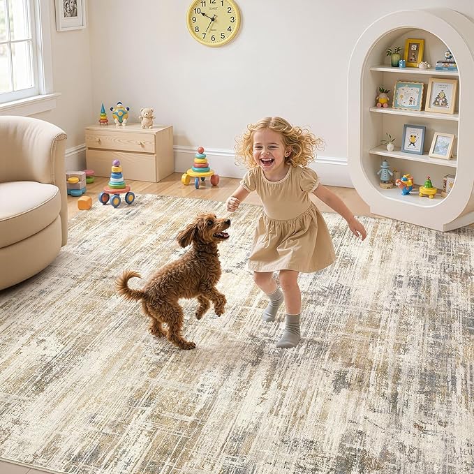 Area Rug for Living Room: 7x9 Washable Neutral Abstract Modern Soft Rugs Non Slip Indoor Floor Stain Resistant Large Carpet for Bedroom Dining Room Office Nursery - Golden Brown