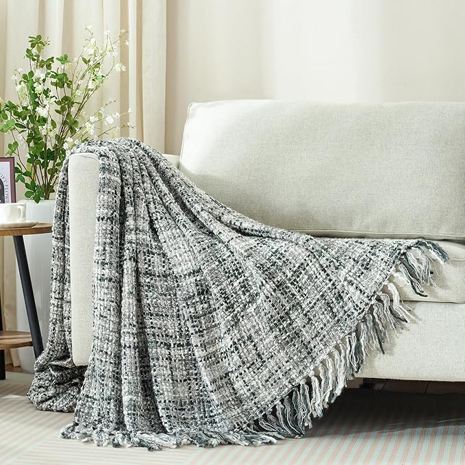 Multi-Color Grey Cable Knitted Throw Blanket for Couch,60"X80" Boho Style Textured Blankets for Home Decor,Super Soft Warm Cozy Chunky Knit Blanket with Decorative Tassels for Bed and Sofa