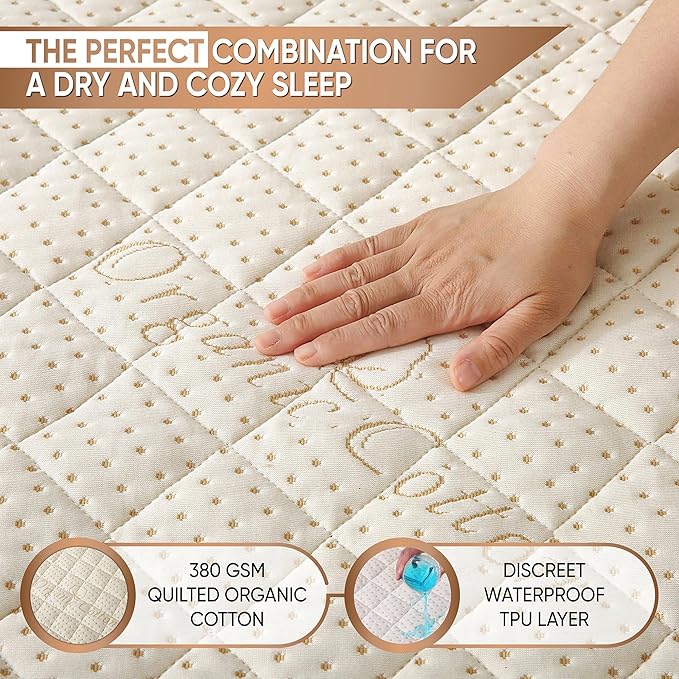 Luxury Quilted Organic Cotton Mattress Protector Queen - Premium 380 GSM Waterproof & Breathable Pad - Deep Pocket Fitted Cover - Soft & Silent Protection