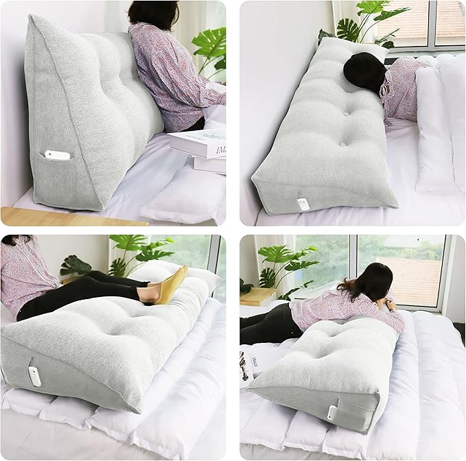 Wedge Headboard Pillow Dorm Room Reading Pillow Back Support for Sitting Up in Bed Bolster Lumbar Cushion Body Positioning Bedrest Cotton Linen 39in Grey-Beige Twin