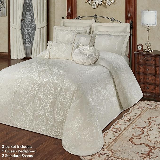 Touch of Class Camelot Luxury Bedding | Neutral Ivory | Matte Satin Damask on Richly Textured Jacquard-Woven Chenille | Designed 3 Piece Set Includes Queen Quilted Bedspread and 2 Standard Shams