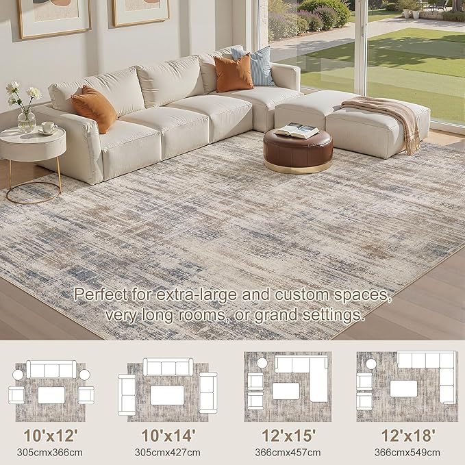 Area Rug for Living Room: 12x15 Washable Neutral Abstract Modern Soft Rugs Non Slip Indoor Floor Stain Resistant Large Carpet for Bedroom Dining Room Office Nursery - Brown